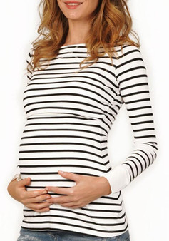 White-Black Striped Breastfeeding Multi-fonction Round Neck Long Sleeve Casual Maternity T-Shirt