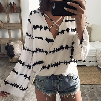 White Striped Hollow-out Plunging Neckline Long Sleeve Fashion T-Shirt