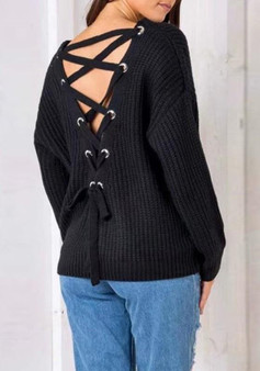 Black Patchwork Cut Out Drawstring Backless V-neck Long Sleeve Sweater