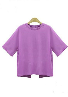 Purple Cut Out Side Slit Backless Plus Size Short Sleeve Casual Blouse