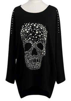 Black Skull Print Round Neck Long Sleeve Fashion T-Shirt