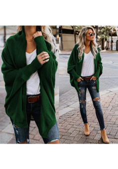 Green Plain Irregular Long Sleeve Casual Cardigan Sweater