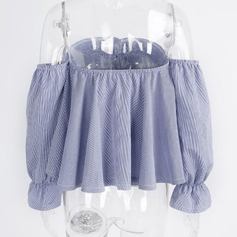 Blue Ruffle Single Breasted Backless Off Shoulder Lantern Sleeve Casual T-Shirt