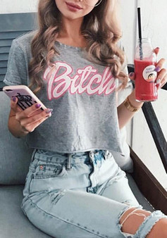 Grey Letter Crop Round Neck Short Sleeve Casual T-Shirt