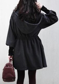 Black Drawstring Pockets Zipper Long Sleeve Hooded Coat
