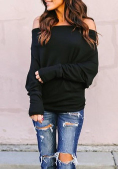 Black Off Shoulder Backless Going out Casual T-Shirt