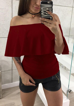 Red Ruffle Boat Neck Short Sleeve Casual T-Shirt