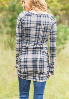 Grey Plaid Print Round Neck Long Sleeve Fashion T-Shirt