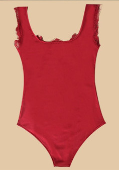 Red Patchwork Hollow-out Lace Round Neck Slim Swimwear