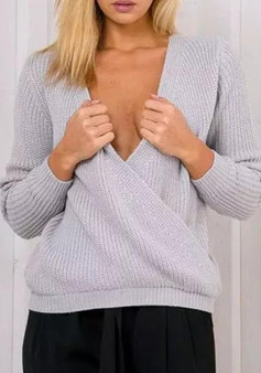 Grey Irregular V-neck Long Sleeve Fashion Pullover Sweater