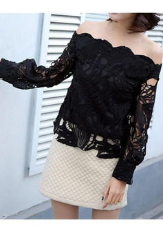 Black Patchwork Lace Cut Out Off Shoulder Lantern Sleeve Blouse