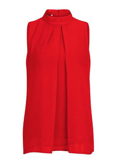 Red Cut Out Pleated Band Collar Sleeveless Casual Blouse