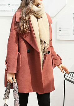 Red Pockets Buttons Tailored Collar Long Sleeve Wool Coat