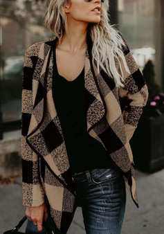 Khaki Plaid Print Irregular Turndown Collar Long Sleeve Casual Coat