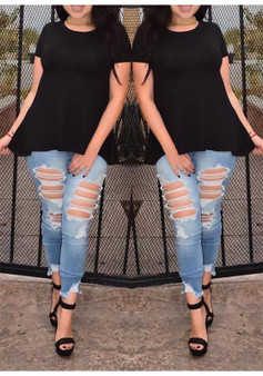 Black Plain Irregular Hollow-out Tie Back Draped Lace-up T-Shirt