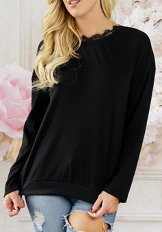 Black Patchwork Lace Tie Back Round Neck Casual T-Shirt