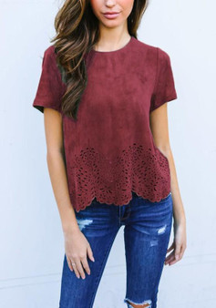 Red Cut Out Wavy Edge Round Neck Casual T-Shirt