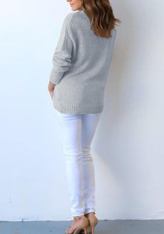 Grey Irregular V-neck Long Sleeve Fashion Cotton Pullover Sweater