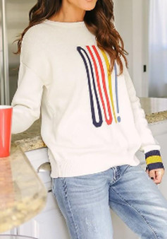White Striped Print Oversize Round Neck Casual Pullover Sweater