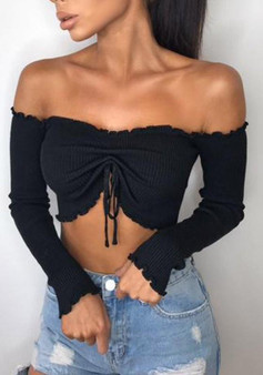 Black Drawstring Crop Boat Neck Long Sleeve Fashion Blouse