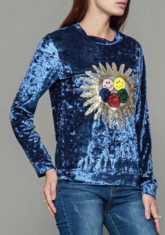 Blue Floral Print Round Neck Long Sleeve T-Shirt