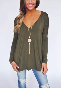 Green Plain V-neck Long Sleeve Fashion T-Shirt