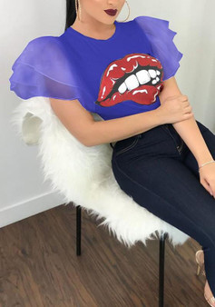 Blue Grenadine Pleated Bite Lips Print Puff Sleeve Going out T-Shirt