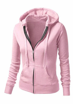 Pink Pockets Drawstring Zipper Hooded Long Sleeve Sweatshirt