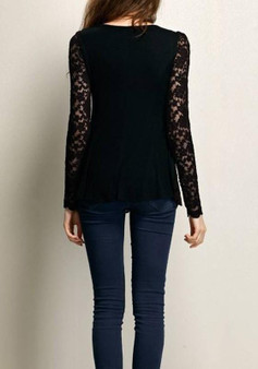 Black Patchwork Lace Ruffle Round Neck Long Sleeve Fashion Blouse