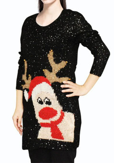Black Sequin Reindeer Print Round Neck Long Sleeve Casual Christmas Pullover Sweater
