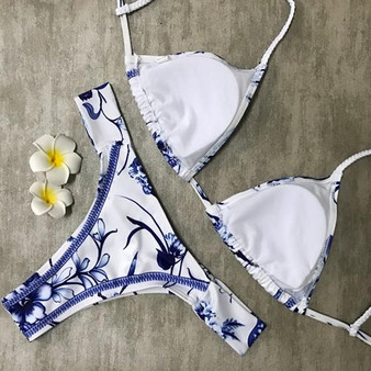 White-Blue Flowers Print 2-in-1 Deep V-neck Slim Bikini Swimwear