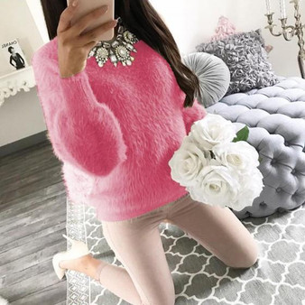 Rose Carmine Round Neck Long Sleeve Casual Pullover Sweater