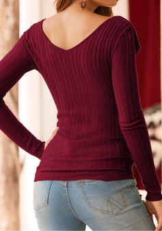 Burgundy Lace-Up Ruffle Cut Out V-neck Long Sleeve Fashion T-Shirt