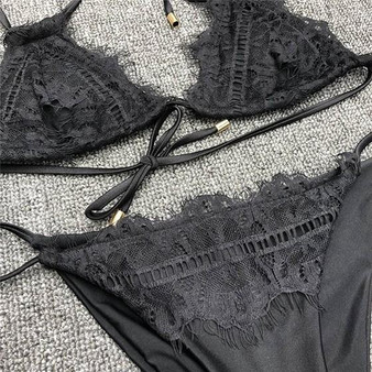 Black Patchwork Lace Drawstring 2-in-1 V-neck Fashion Swimwear