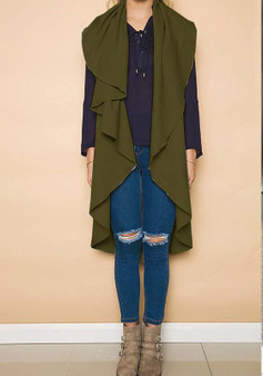 Green Plain Irregular Turndown Collar Casual Coat