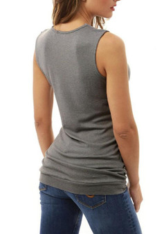 Grey Plain Buttons Collarless Fashion Slim Knit T-Shirt