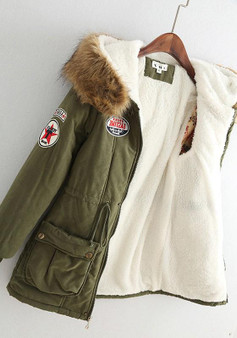 Army Green Drawstring Faux Fur Pocket Parka Hooded Long Sleeve Fatigue Coat