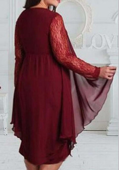 New Burgundy Patchwork Lace Irregular Round Neck Long Sleeve Plus Size Midi Dress