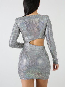 New Silver Patchwork Sequin Cut Out Bodycon Long Sleeve Party Clubwear Mini Dress