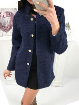 New Dark Blue Fur Single Breasted Tailored Collar Long Sleeve Casual Coat