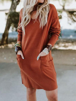 New Orange Cut Out Pockets Long Sleeve Fashion Mini Dress