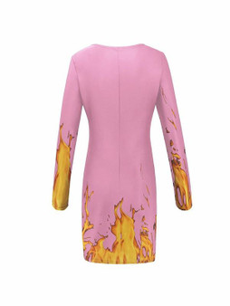 New Pink Print Round Neck Long Sleeve Going out Mini Dresses