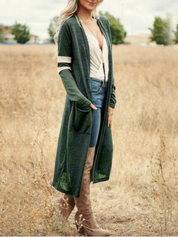 New Green-White Striped Pockets Long Sleeve Casual Knit Cardigan Coat