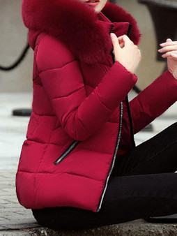 New Red Patchwork Fur Pockets Zipper Hooded Long Sleeve Casual Coat