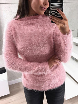 New Pink Long Sleeve Round Neck Sweet Going out Party Pullover Sweater