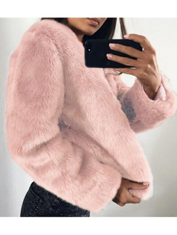 New Pink Faux Fur Long Sleeve Slim Casual Coat