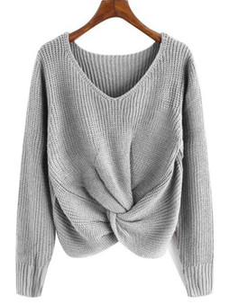 New Grey One Shoulder Irregular V-neck Long Sleeve Casual Pullover Sweater