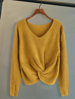 New Yellow One Shoulder Irregular V-neck Long Sleeve Casual Pullover Sweater