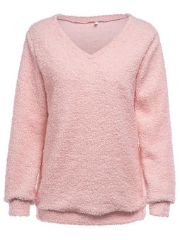 New Pink Long Sleeve V-neck Casual Sweet Going out Pullover Sweater
