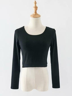 New Black Cut Out Round Neck Long Sleeve Fashion T-Shirt